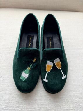 Dark Green Velvet Women's Loafers with Champagne Embroidery